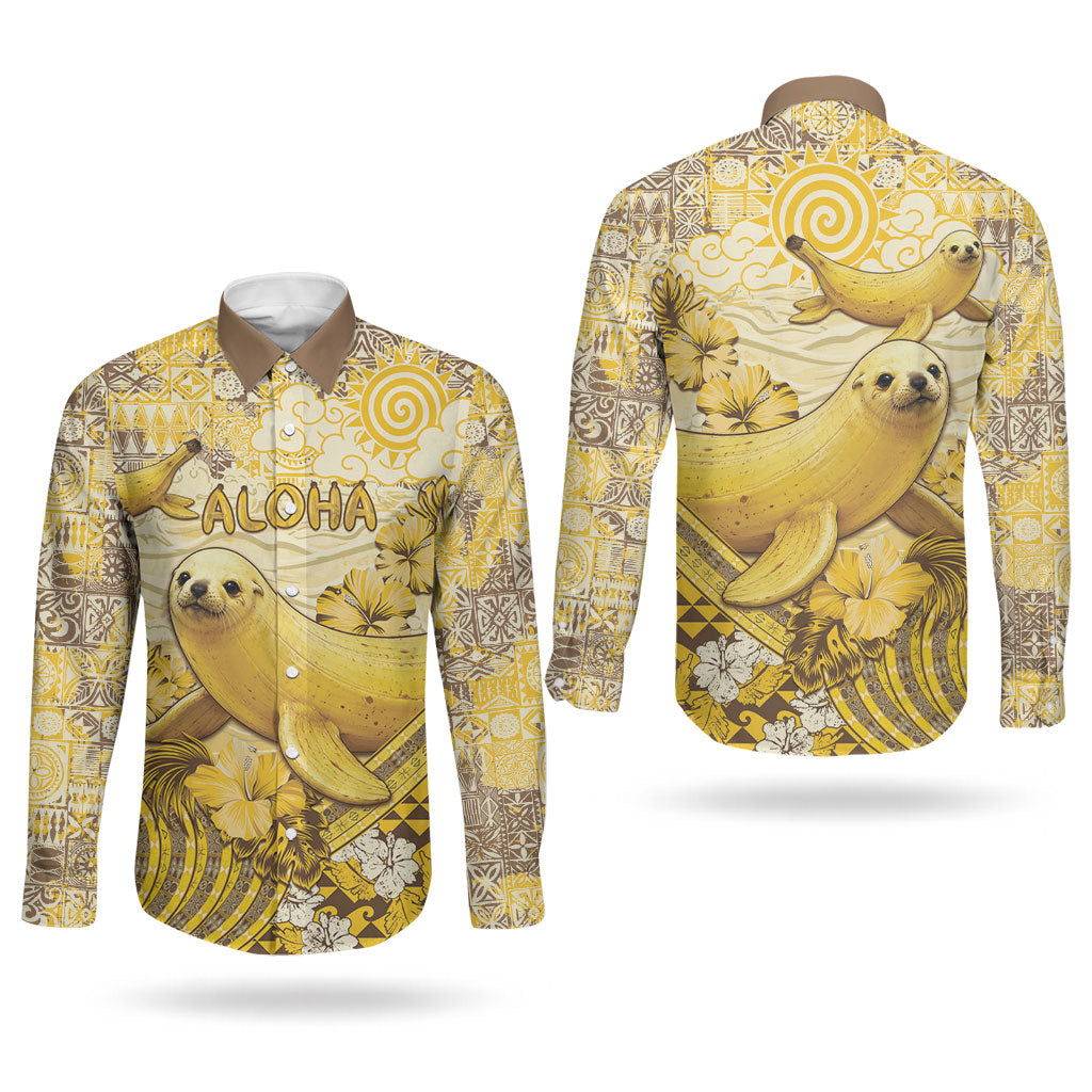 Hawaii Banana Seal Couples Matching Long Sleeve Bodycon Dress and Long Sleeve Button Shirt Ilio Holo I Ka Uaua Aloha DT05 - Polynesian Pride