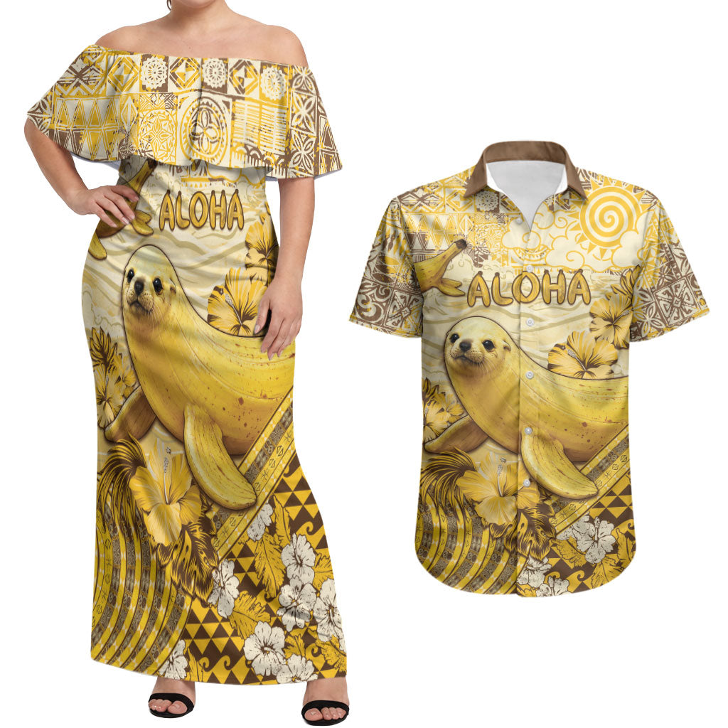 Hawaii Banana Seal Couples Matching Off Shoulder Maxi Dress and Hawaiian Shirt Ilio Holo I Ka Uaua Aloha DT05 Yellow - Polynesian Pride