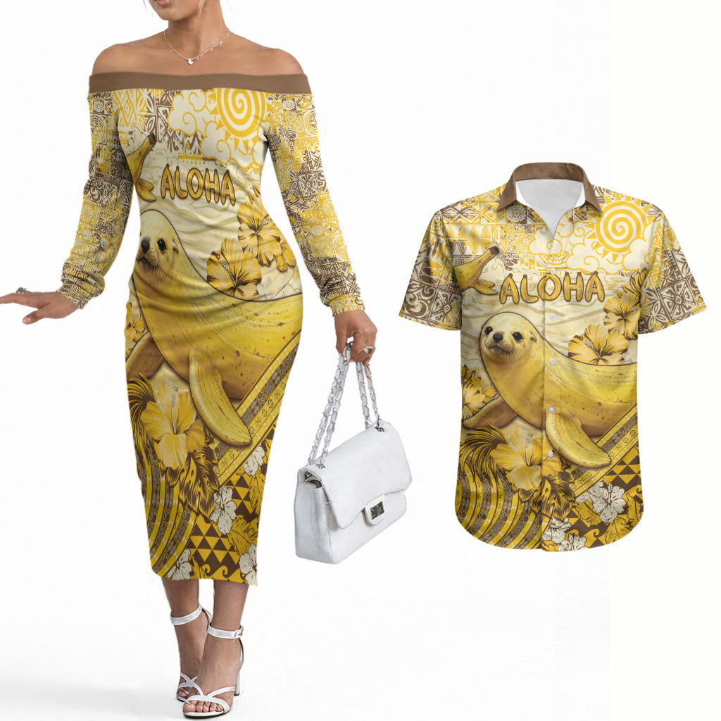 Hawaii Banana Seal Couples Matching Off The Shoulder Long Sleeve Dress and Hawaiian Shirt Ilio Holo I Ka Uaua Aloha DT05 Yellow - Polynesian Pride