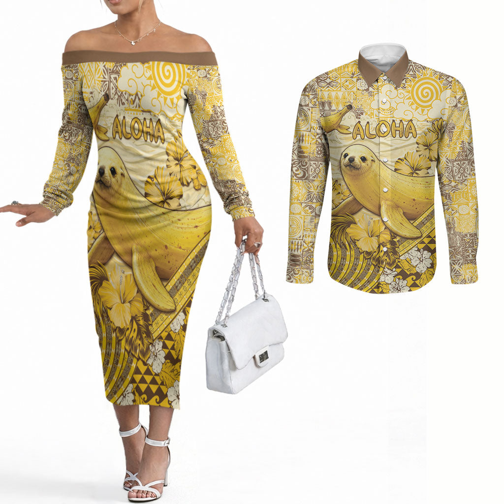Hawaii Banana Seal Couples Matching Off The Shoulder Long Sleeve Dress and Long Sleeve Button Shirt Ilio Holo I Ka Uaua Aloha DT05 Yellow - Polynesian Pride