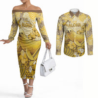 Hawaii Banana Seal Couples Matching Off The Shoulder Long Sleeve Dress and Long Sleeve Button Shirt Ilio Holo I Ka Uaua Aloha DT05 Yellow - Polynesian Pride
