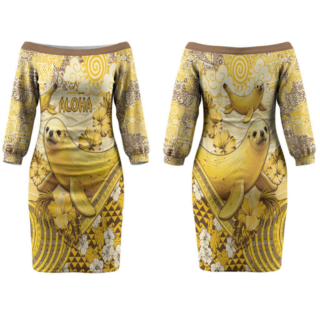 Hawaii Banana Seal Couples Matching Off The Shoulder Long Sleeve Dress and Long Sleeve Button Shirt Ilio Holo I Ka Uaua Aloha DT05 - Polynesian Pride
