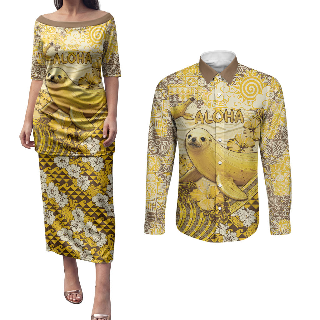 Hawaii Banana Seal Couples Matching Puletasi and Long Sleeve Button Shirt Ilio Holo I Ka Uaua Aloha DT05 Yellow - Polynesian Pride
