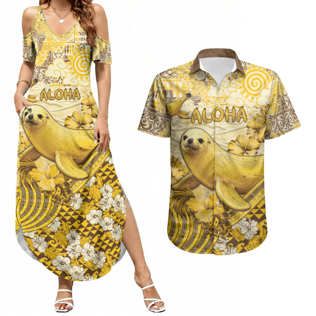 Hawaii Banana Seal Couples Matching Summer Maxi Dress and Hawaiian Shirt Ilio Holo I Ka Uaua Aloha DT05 Yellow - Polynesian Pride