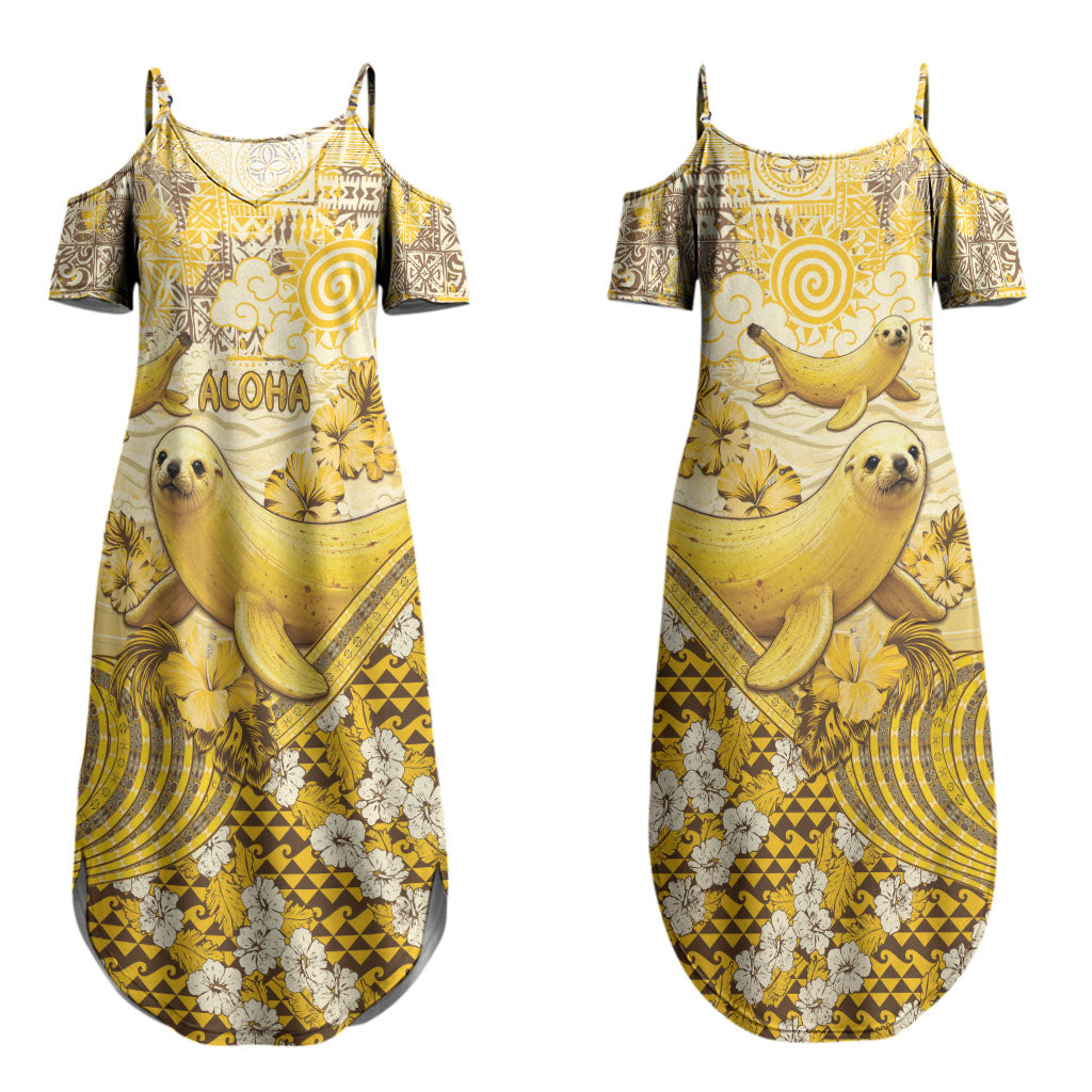 Hawaii Banana Seal Couples Matching Summer Maxi Dress and Long Sleeve Button Shirt Ilio Holo I Ka Uaua Aloha DT05 - Polynesian Pride