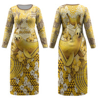 Hawaii Banana Seal Family Matching Long Sleeve Bodycon Dress and Hawaiian Shirt Ilio Holo I Ka Uaua Aloha DT05 Mom's Dress Yellow - Polynesian Pride