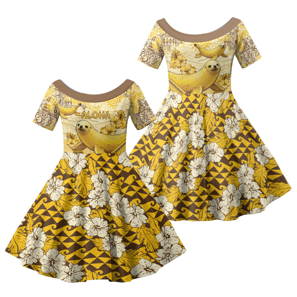 Hawaii Banana Seal Family Matching Short Sleeve Bodycon Dress and Hawaiian Shirt Ilio Holo I Ka Uaua Aloha DT05 Daughter's Dress Yellow - Polynesian Pride