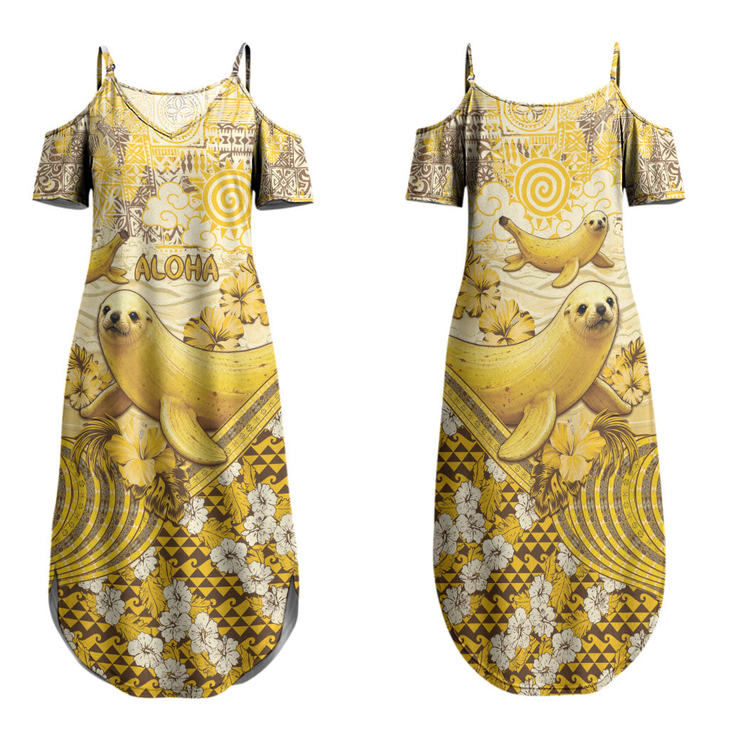 Hawaii Banana Seal Family Matching Summer Maxi Dress and Hawaiian Shirt Ilio Holo I Ka Uaua Aloha DT05 Mom's Dress Yellow - Polynesian Pride