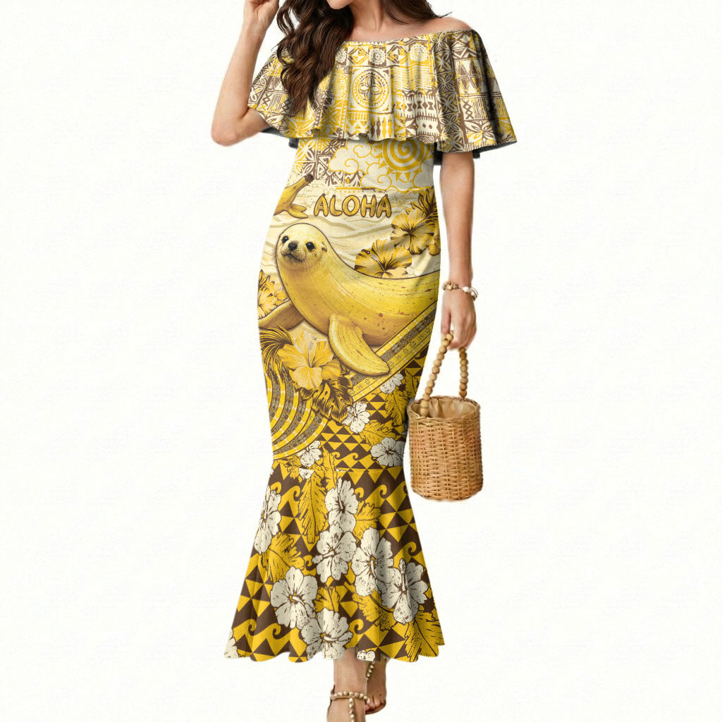 Hawaii Banana Seal Mermaid Dress Ilio Holo I Ka Uaua Aloha DT05 Women Yellow - Polynesian Pride