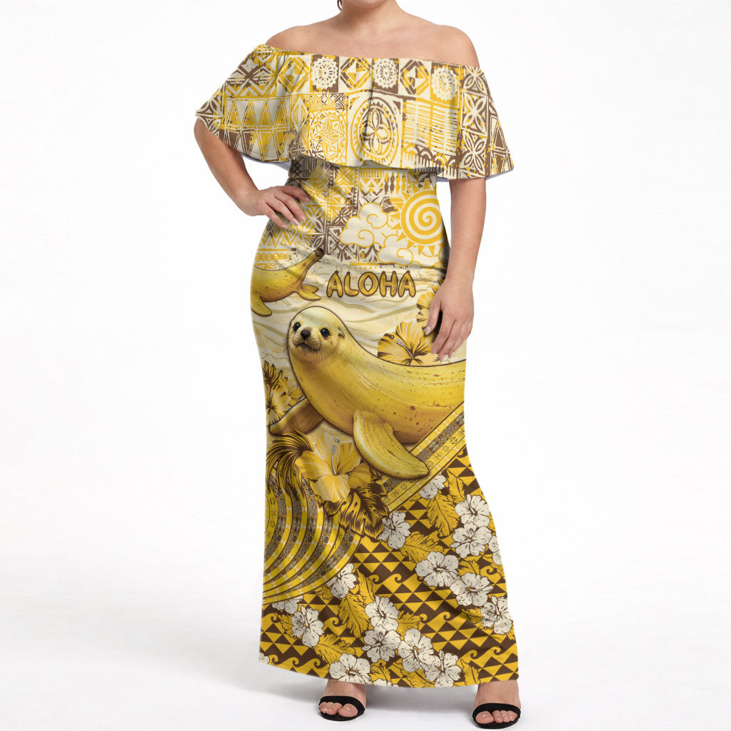 Hawaii Banana Seal Off Shoulder Maxi Dress Ilio Holo I Ka Uaua Aloha DT05 Women Yellow - Polynesian Pride