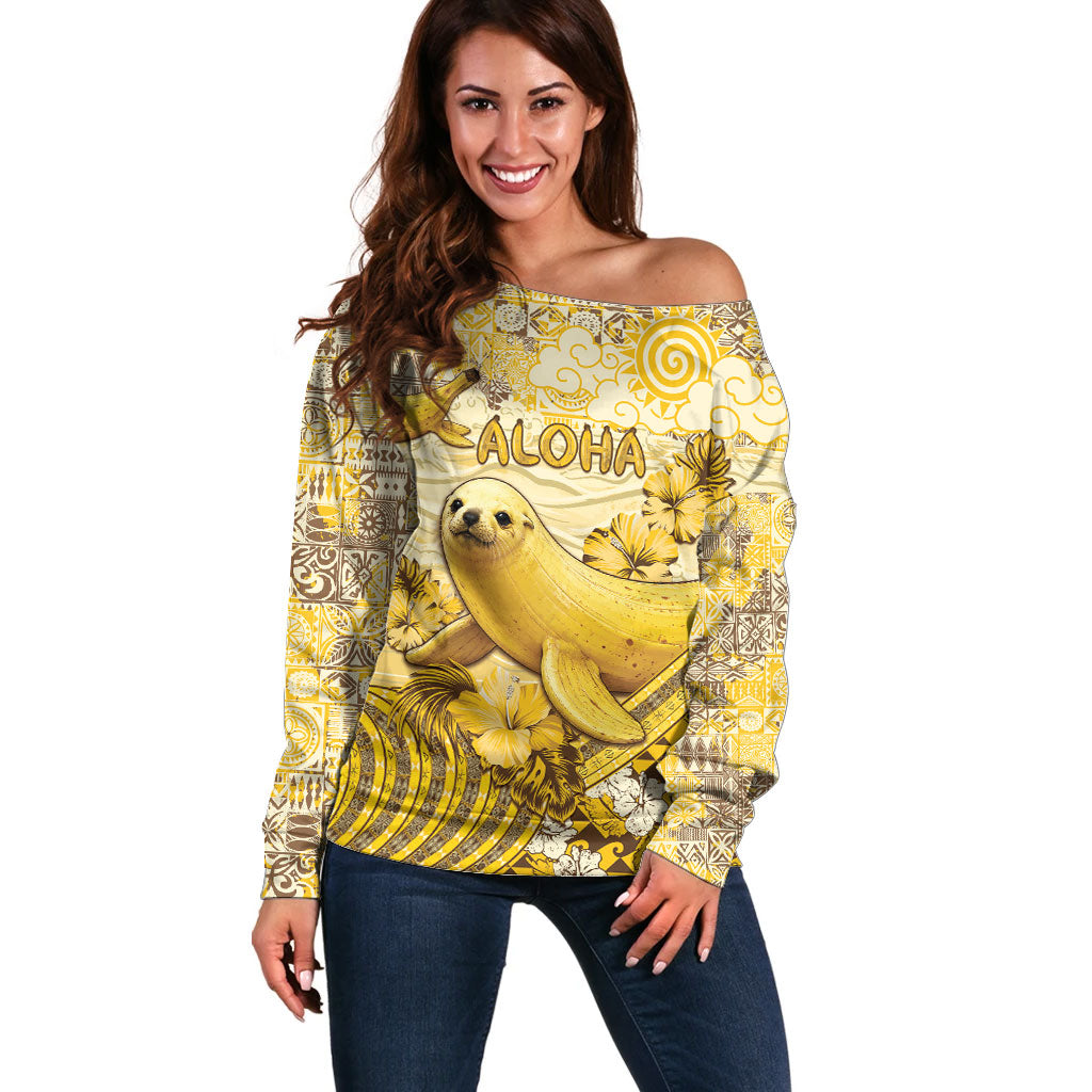 Hawaii Banana Seal Off Shoulder Sweater Ilio Holo I Ka Uaua Aloha DT05 Women Yellow - Polynesian Pride