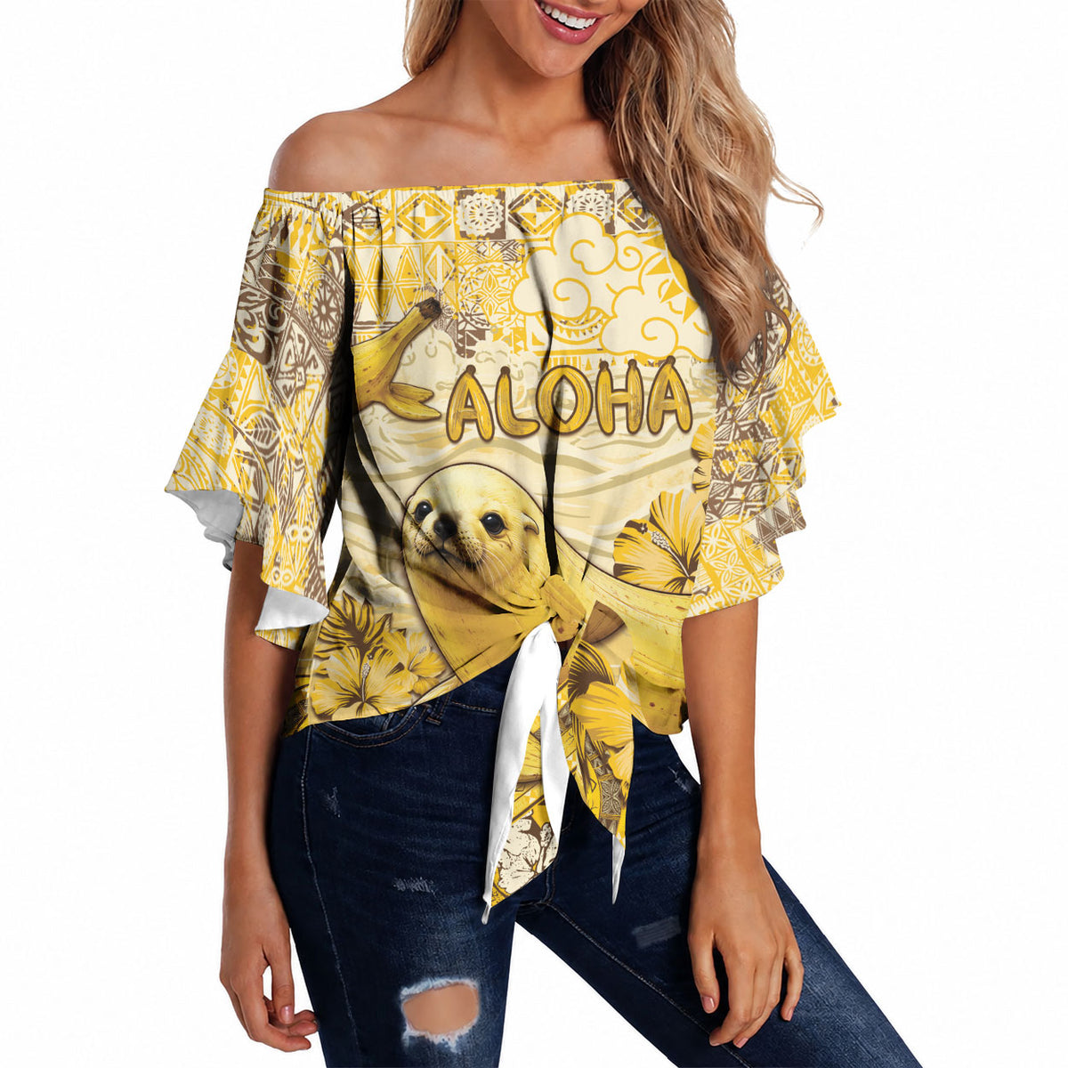 Hawaii Banana Seal Off Shoulder Wrap Waist Top Ilio Holo I Ka Uaua Aloha DT05 Yellow - Polynesian Pride