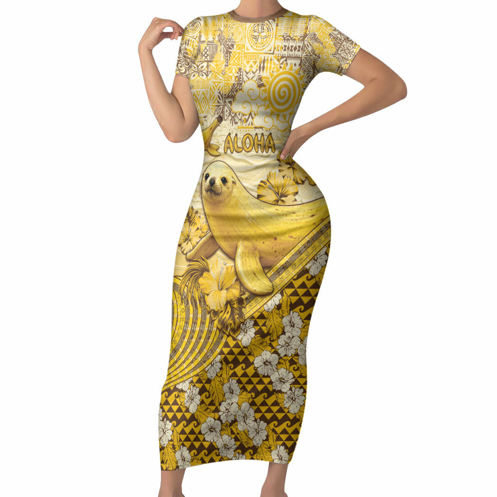 Hawaii Banana Seal Short Sleeve Bodycon Dress Ilio Holo I Ka Uaua Aloha DT05 Long Dress Yellow - Polynesian Pride
