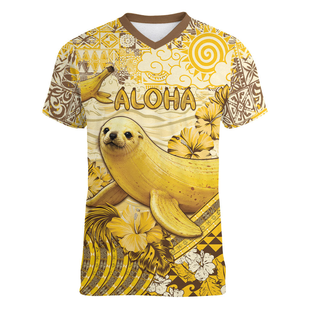 Hawaii Banana Seal Women V-Neck T-Shirt Ilio Holo I Ka Uaua Aloha DT05 Female Yellow - Polynesian Pride