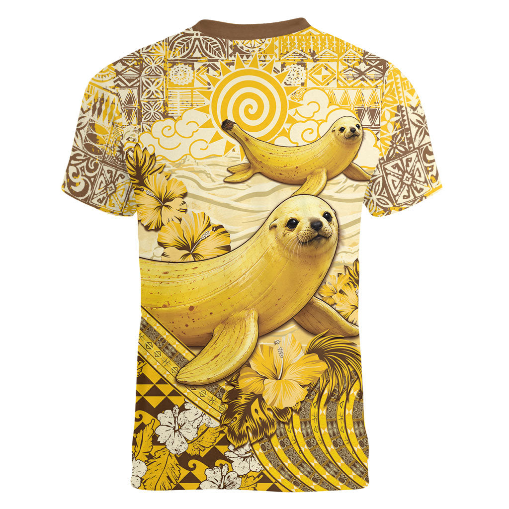 Hawaii Banana Seal Women V-Neck T-Shirt Ilio Holo I Ka Uaua Aloha DT05 - Polynesian Pride