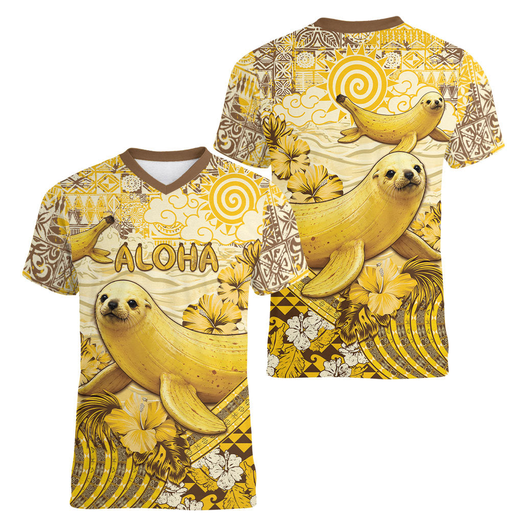 Hawaii Banana Seal Women V-Neck T-Shirt Ilio Holo I Ka Uaua Aloha DT05 - Polynesian Pride