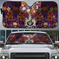 Hawaii Halloween Auto Sun Shade Skeleton Bones Flower Lei Tropical Floral DT05 Black - Polynesian Pride