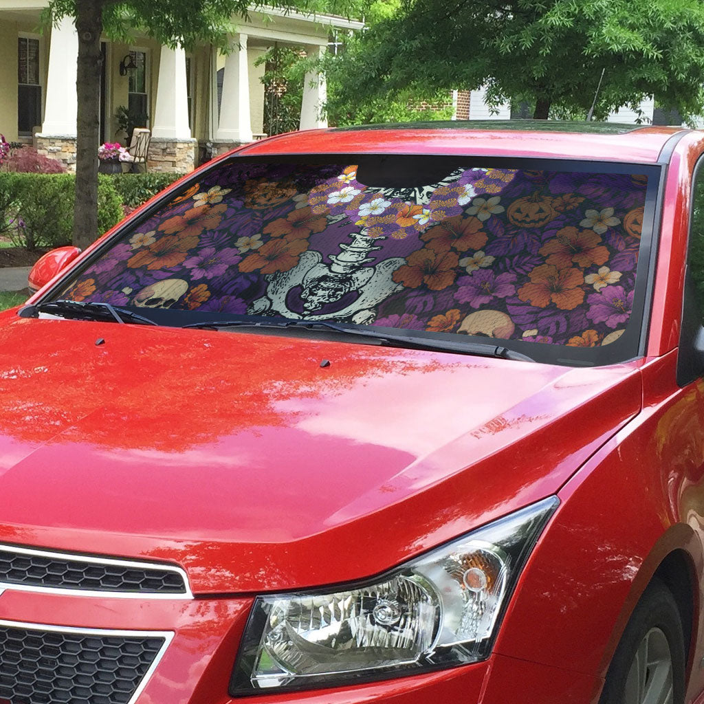 Hawaii Halloween Auto Sun Shade Skeleton Bones Flower Lei Tropical Floral DT05 - Polynesian Pride