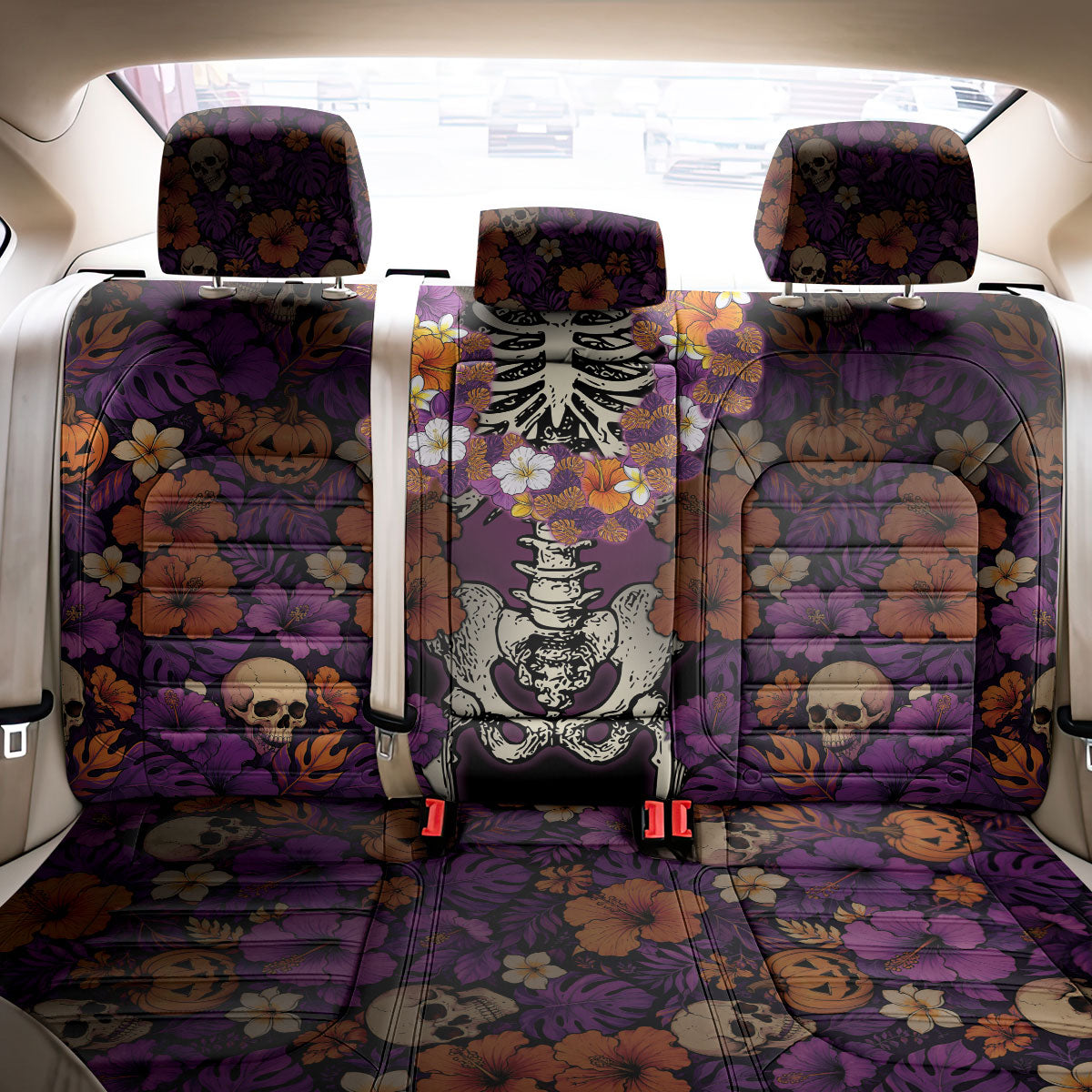 Hawaii Halloween Back Car Seat Cover Skeleton Bones Flower Lei Tropical Floral DT05 - Polynesian Pride