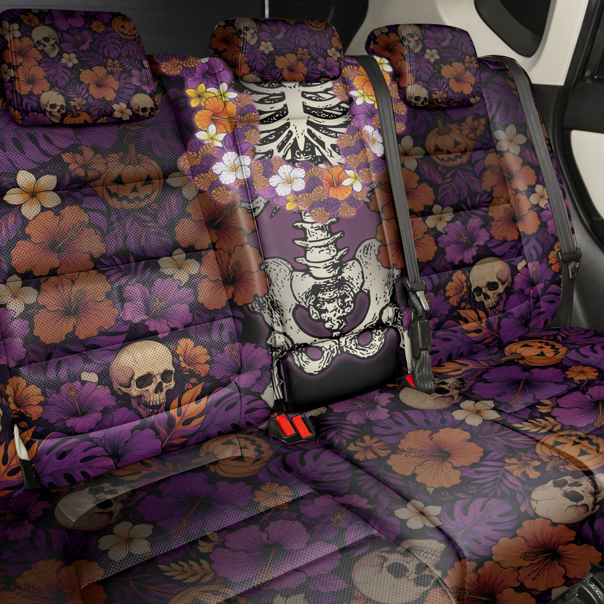 Hawaii Halloween Back Car Seat Cover Skeleton Bones Flower Lei Tropical Floral DT05 - Polynesian Pride