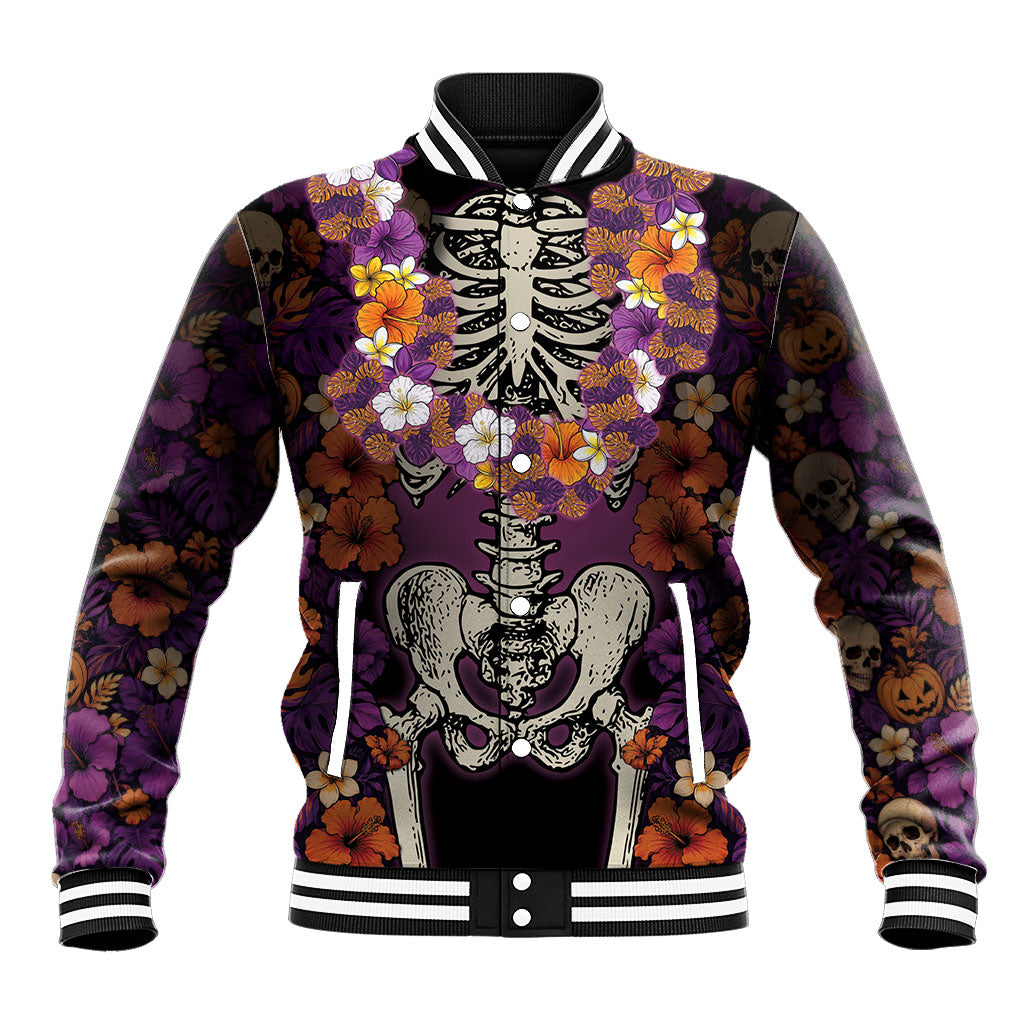 Hawaii Halloween Baseball Jacket Skeleton Bones Flower Lei Tropical Floral DT05 Unisex Black - Polynesian Pride