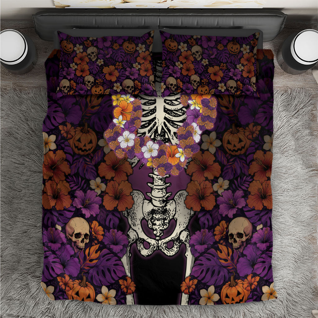 Hawaii Halloween Bedding Set Skeleton Bones Flower Lei Tropical Floral DT05 Black - Polynesian Pride