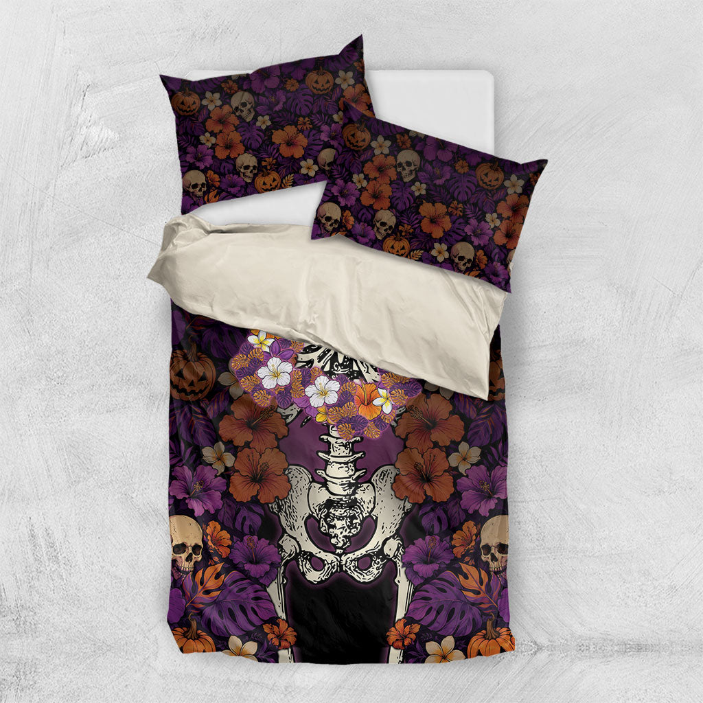 Hawaii Halloween Bedding Set Skeleton Bones Flower Lei Tropical Floral DT05 US Twin 172cm x 218cm Black - Polynesian Pride
