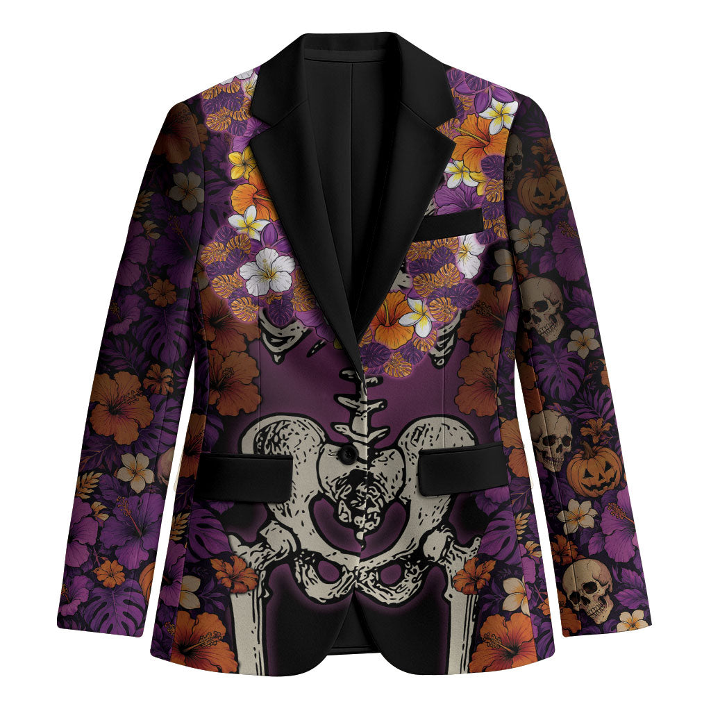 Hawaii Halloween Blazer Skeleton Bones Flower Lei Tropical Floral DT05 Unisex Black - Polynesian Pride