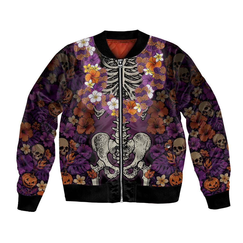 Hawaii Halloween Bomber Jacket Skeleton Bones Flower Lei Tropical Floral DT05 Unisex Black - Polynesian Pride