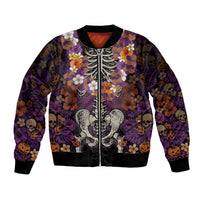 Hawaii Halloween Bomber Jacket Skeleton Bones Flower Lei Tropical Floral DT05 Unisex Black - Polynesian Pride