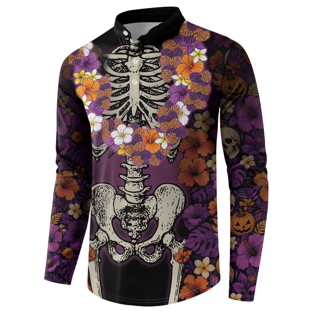 Hawaii Halloween Button Sweatshirt Skeleton Bones Flower Lei Tropical Floral DT05 - Polynesian Pride