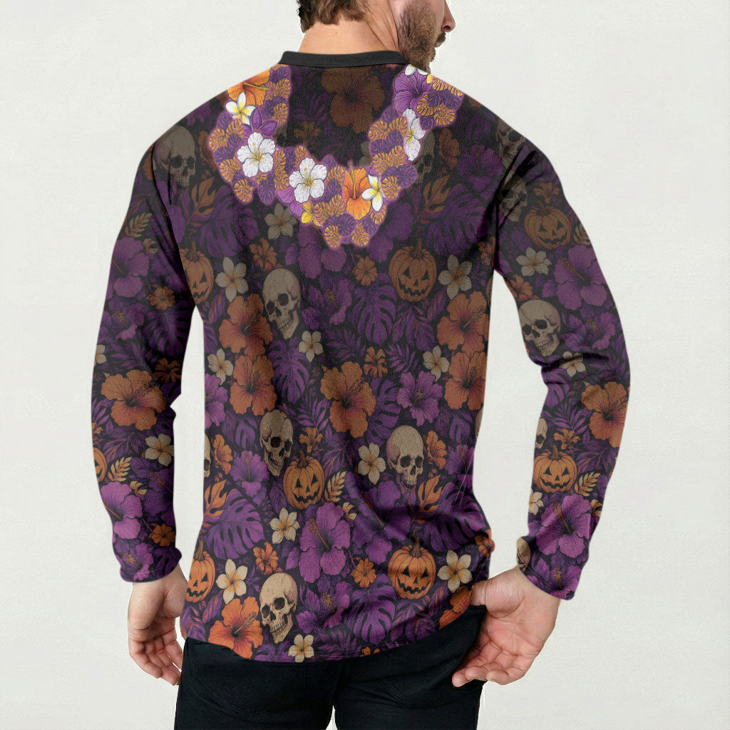 Hawaii Halloween Button Sweatshirt Skeleton Bones Flower Lei Tropical Floral DT05 - Polynesian Pride