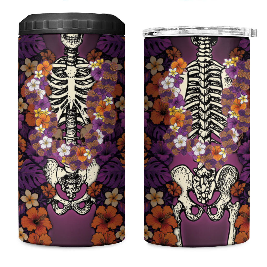 Hawaii Halloween 4 in 1 Can Cooler Tumbler Skeleton Bones Flower Lei Tropical Floral DT05 One Size: 16 oz Black - Polynesian Pride