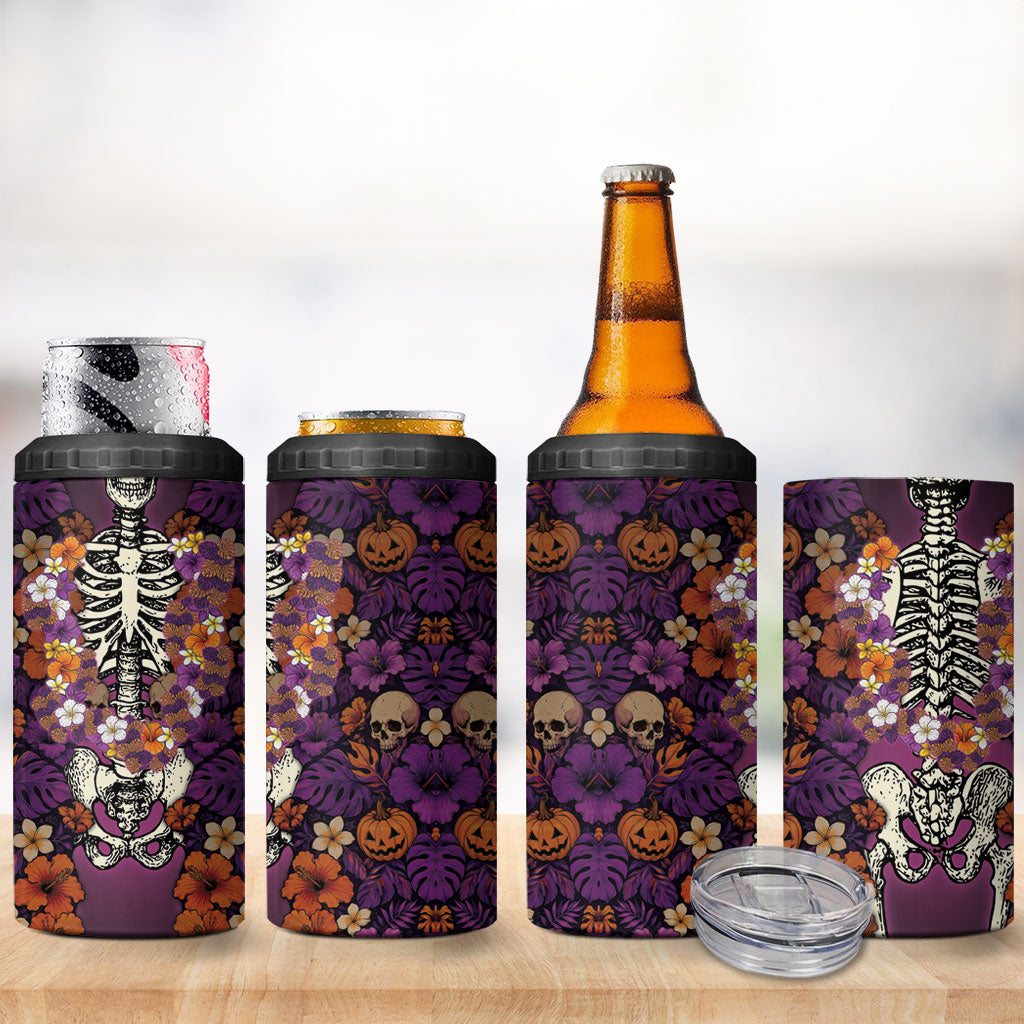 Hawaii Halloween 4 in 1 Can Cooler Tumbler Skeleton Bones Flower Lei Tropical Floral DT05 - Polynesian Pride