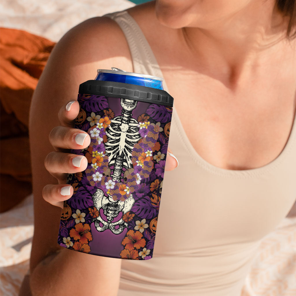 Hawaii Halloween 4 in 1 Can Cooler Tumbler Skeleton Bones Flower Lei Tropical Floral DT05 - Polynesian Pride