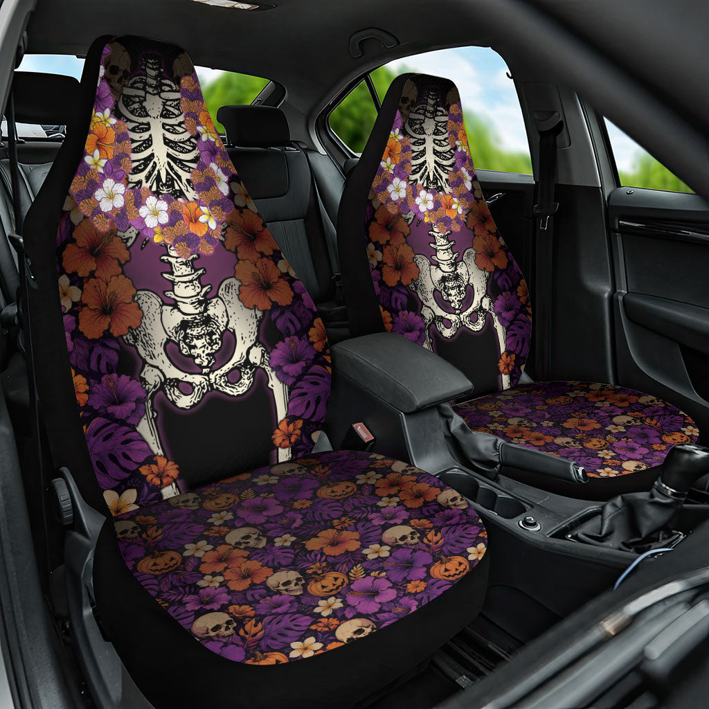 Hawaii Halloween Car Seat Cover Skeleton Bones Flower Lei Tropical Floral DT05 One Size Black - Polynesian Pride