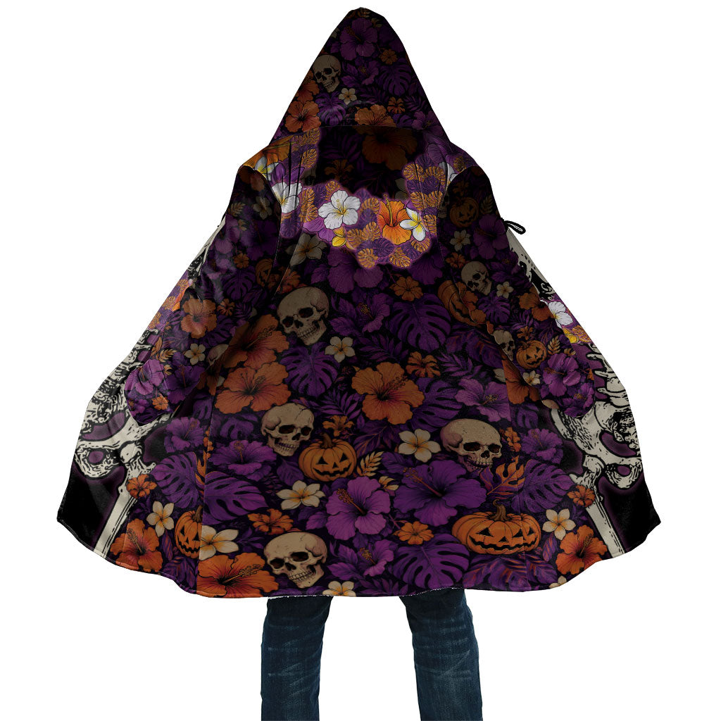 Hawaii Halloween Cloak Skeleton Bones Flower Lei Tropical Floral DT05 Unisex Black - Polynesian Pride