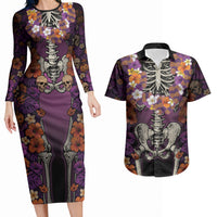 Hawaii Halloween Couples Matching Long Sleeve Bodycon Dress and Hawaiian Shirt Skeleton Bones Flower Lei Tropical Floral DT05 Black - Polynesian Pride