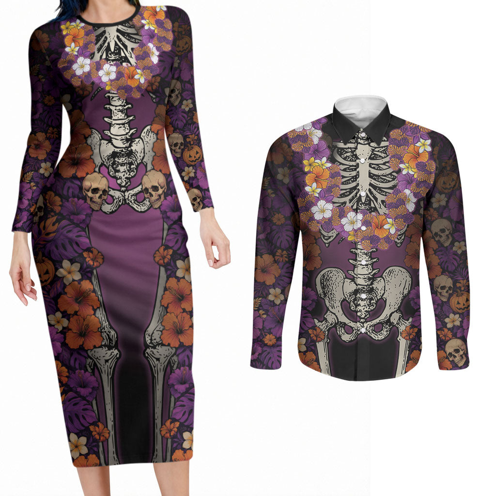 Hawaii Halloween Couples Matching Long Sleeve Bodycon Dress and Long Sleeve Button Shirt Skeleton Bones Flower Lei Tropical Floral DT05 Black - Polynesian Pride