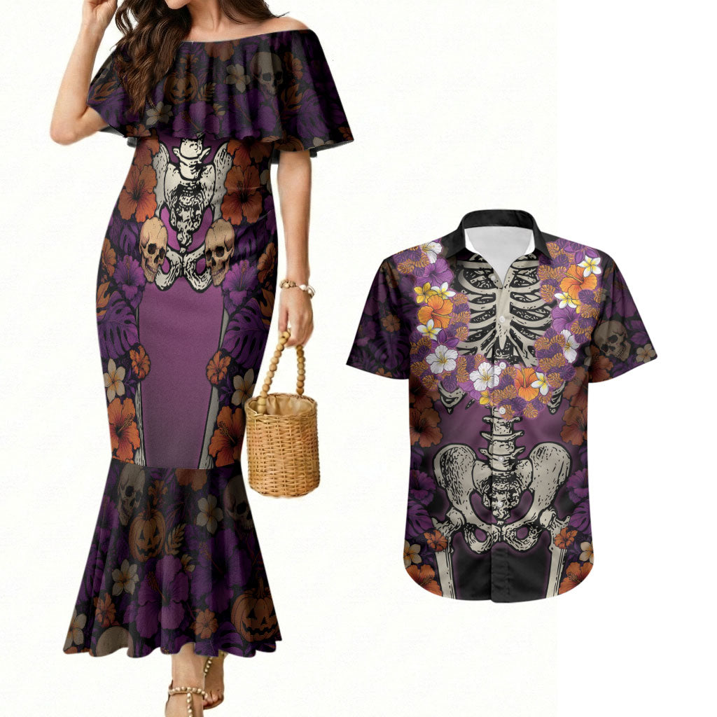 Hawaii Halloween Couples Matching Mermaid Dress and Hawaiian Shirt Skeleton Bones Flower Lei Tropical Floral DT05 Black - Polynesian Pride