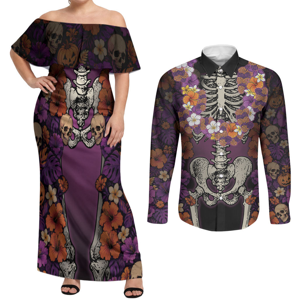 Hawaii Halloween Couples Matching Off Shoulder Maxi Dress and Long Sleeve Button Shirt Skeleton Bones Flower Lei Tropical Floral DT05 Black - Polynesian Pride