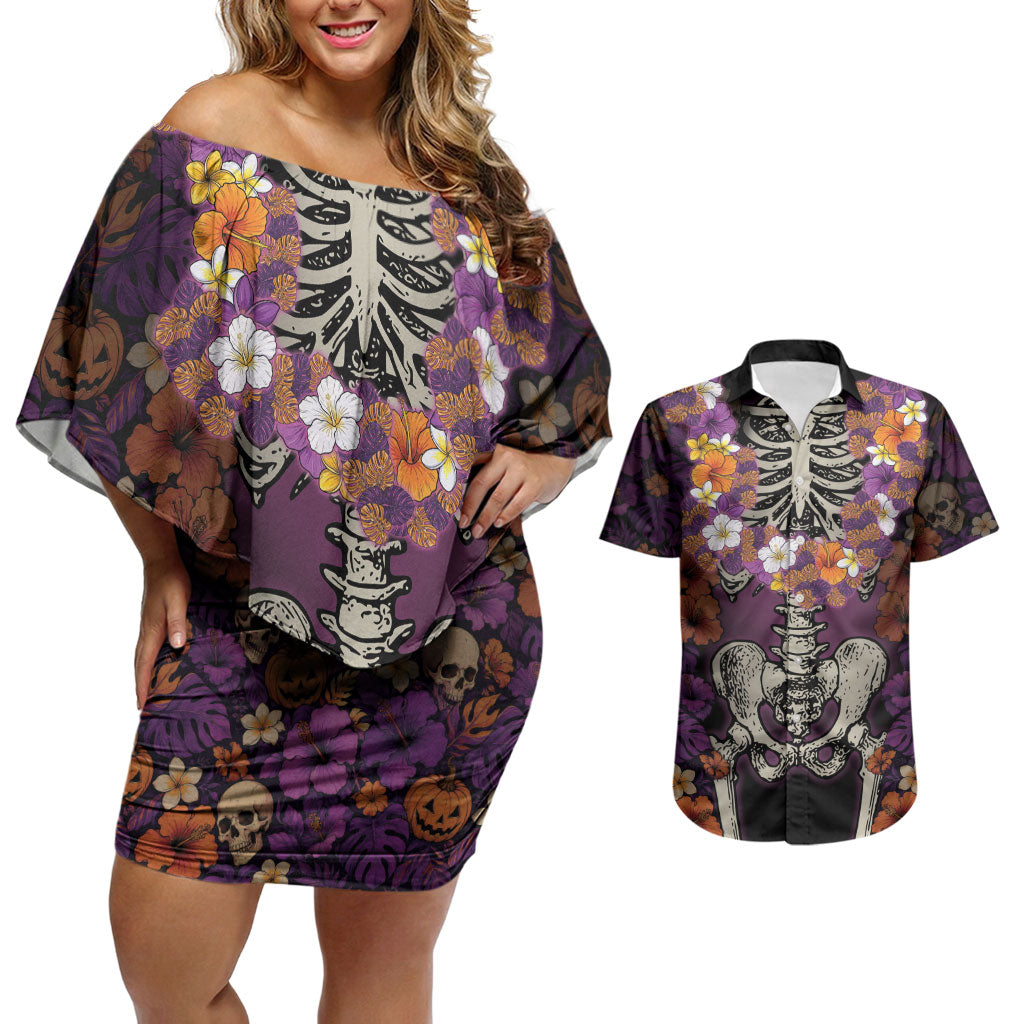Hawaii Halloween Couples Matching Off Shoulder Short Dress and Hawaiian Shirt Skeleton Bones Flower Lei Tropical Floral DT05 Black - Polynesian Pride