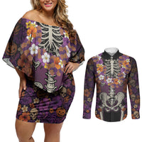 Hawaii Halloween Couples Matching Off Shoulder Short Dress and Long Sleeve Button Shirt Skeleton Bones Flower Lei Tropical Floral DT05 Black - Polynesian Pride