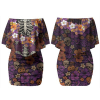Hawaii Halloween Couples Matching Off Shoulder Short Dress and Long Sleeve Button Shirt Skeleton Bones Flower Lei Tropical Floral DT05 - Polynesian Pride