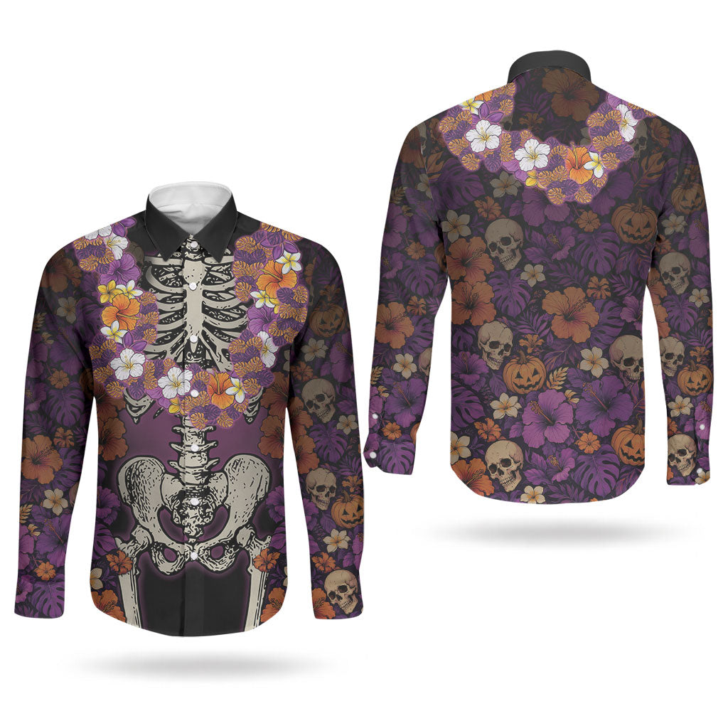 Hawaii Halloween Couples Matching Off The Shoulder Long Sleeve Dress and Long Sleeve Button Shirt Skeleton Bones Flower Lei Tropical Floral DT05 - Polynesian Pride