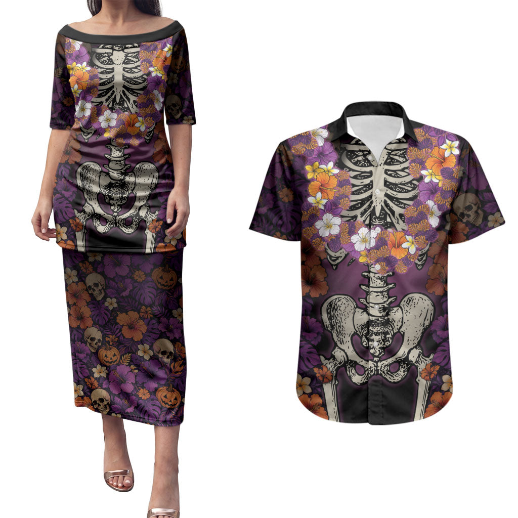 Hawaii Halloween Couples Matching Puletasi and Hawaiian Shirt Skeleton Bones Flower Lei Tropical Floral DT05 Black - Polynesian Pride