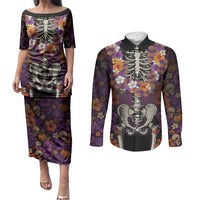 Hawaii Halloween Couples Matching Puletasi and Long Sleeve Button Shirt Skeleton Bones Flower Lei Tropical Floral DT05 Black - Polynesian Pride