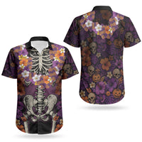 Hawaii Halloween Couples Matching Short Sleeve Bodycon Dress and Hawaiian Shirt Skeleton Bones Flower Lei Tropical Floral DT05 - Polynesian Pride