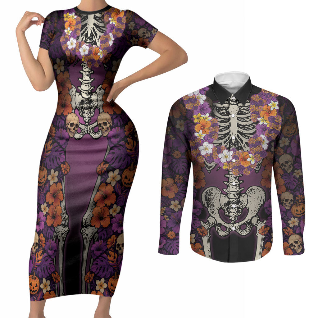 Hawaii Halloween Couples Matching Short Sleeve Bodycon Dress and Long Sleeve Button Shirt Skeleton Bones Flower Lei Tropical Floral DT05 Black - Polynesian Pride