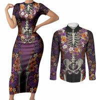 Hawaii Halloween Couples Matching Short Sleeve Bodycon Dress and Long Sleeve Button Shirt Skeleton Bones Flower Lei Tropical Floral DT05 Black - Polynesian Pride